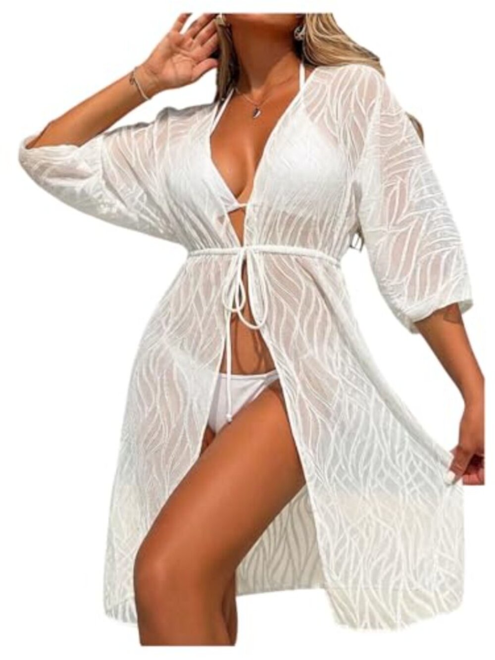 Sheer Mesh Kimono Cardigan Swim Cover Up Lace Up Loose Fit Beach Vacation